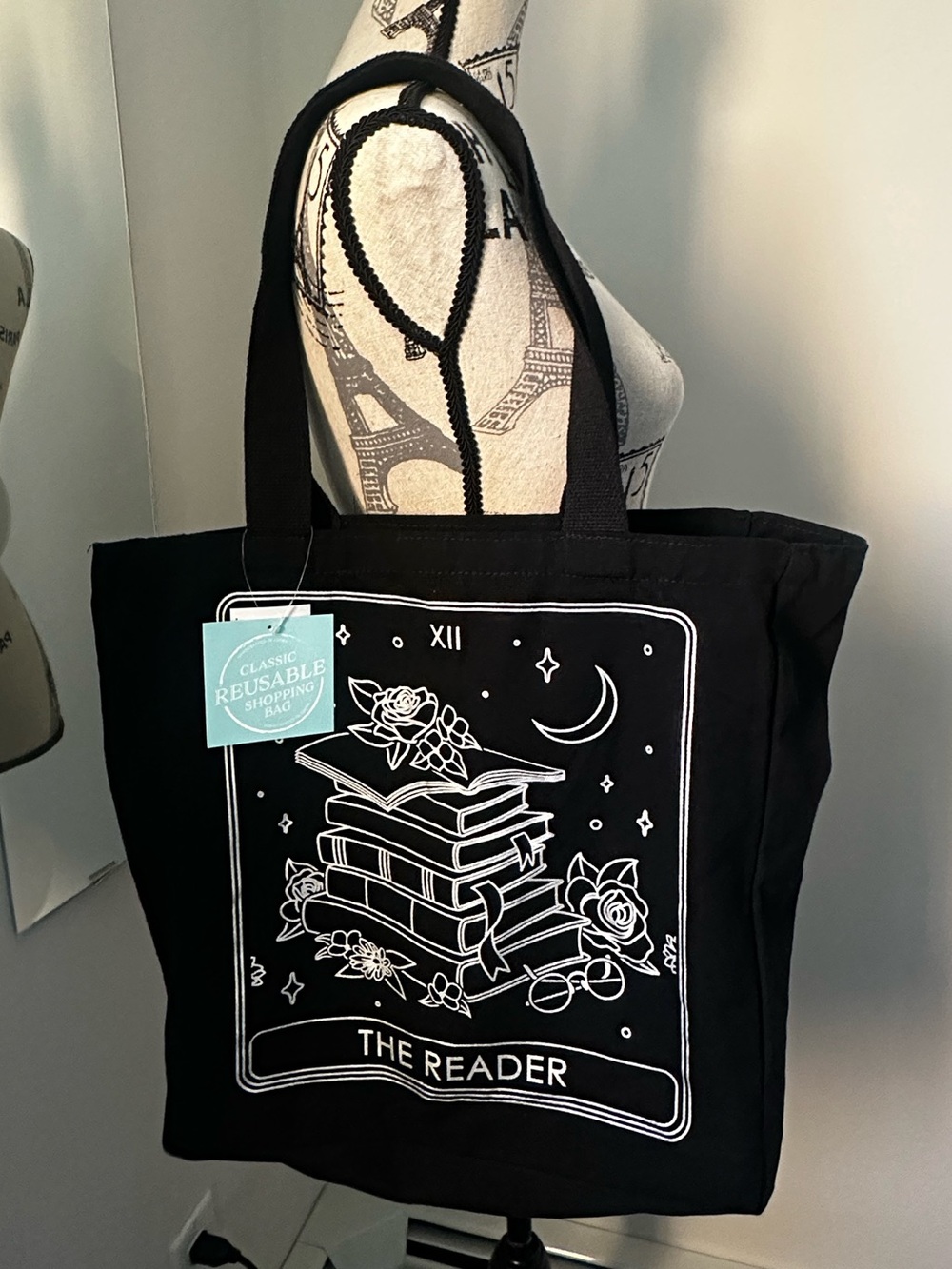 Black 'The Reader' Tote Bag with White Line Art NWT